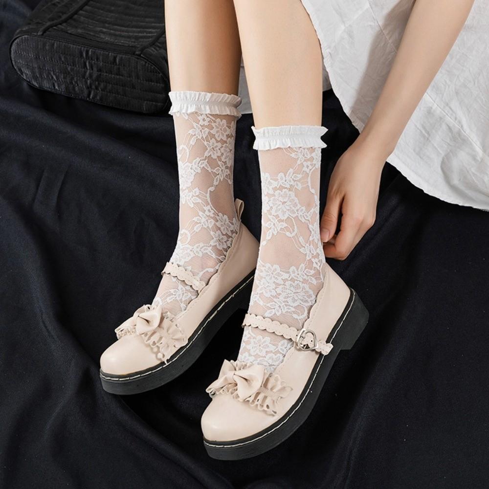 Ruffle Lolita JK Mid-Calf Socks Net Socks Mid-Calf and Long Flower Leg Warmers Transparent Academy Style Lace Silk Hosiery Gift