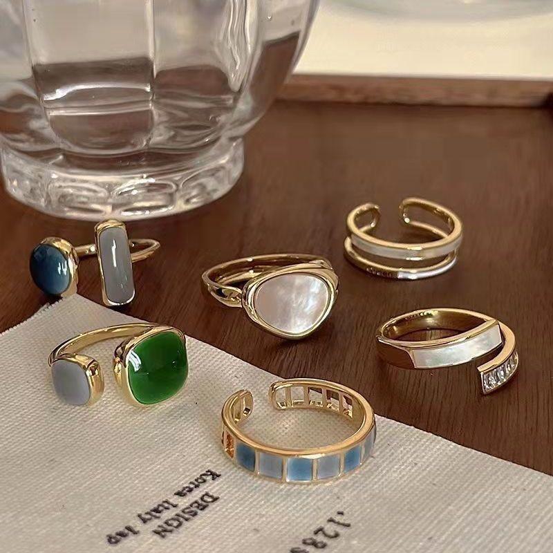 Korean High Sense Enamel Open Rings for Women Blue Green Oil Dripping Adjustable Finger Ring Geometric Exquisite Jewelry Gifts