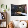 Wall Tapestry Funny Smoking Black Cat Meme Tapestry Fun Cat Smoking Emojis Printed Print Tapestry Hanging Cloth for