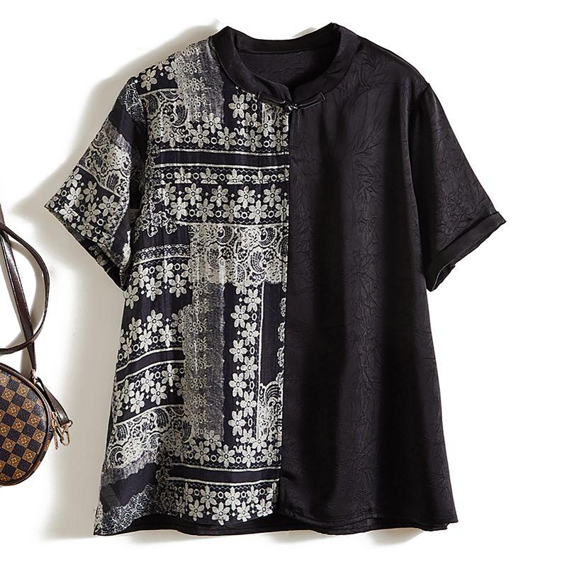 

Classy Yuan Quality! Temperament Commute Women s Summer Satin Poplin Silk Patchwork Stand-up Collar Loose T-shirt Summer Blouse Black L