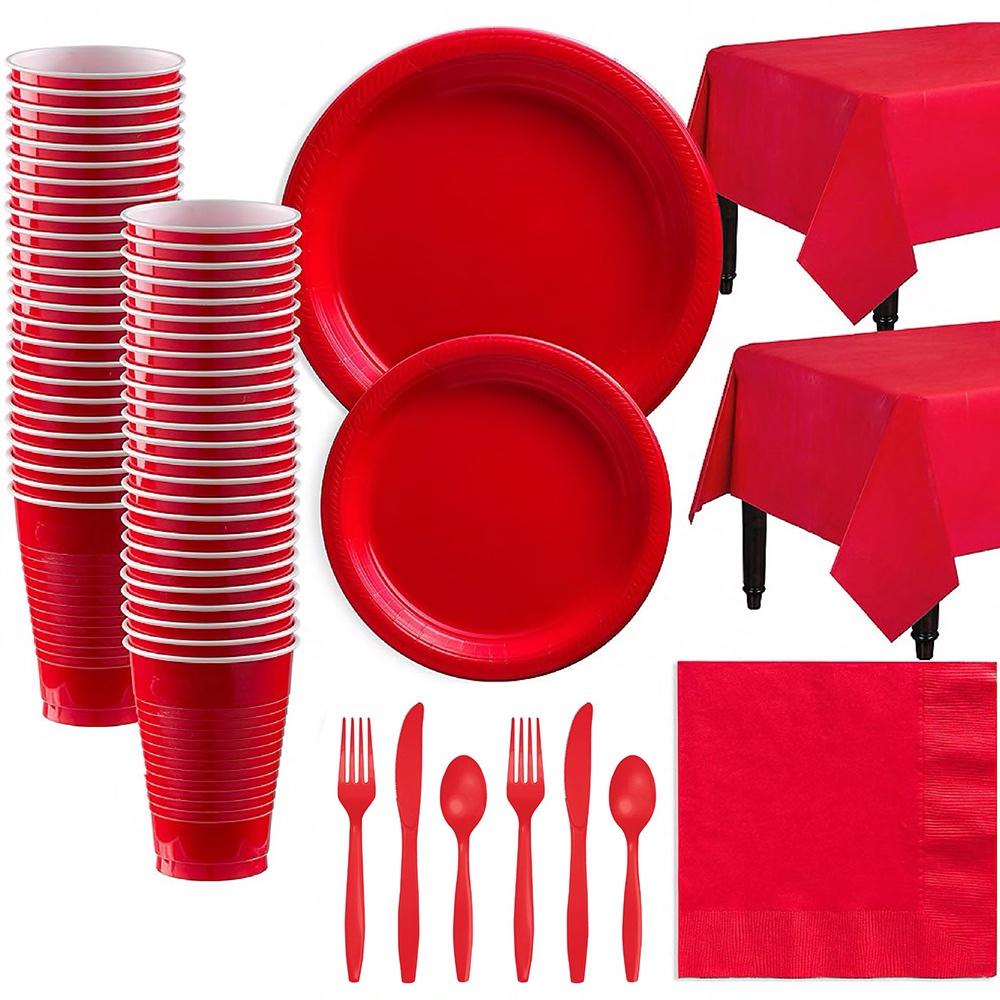 Solid Color Paper Plates Cups Disposable Tableware Christmas Birthday Party Decorations Kid Wedding Red Decor Gift