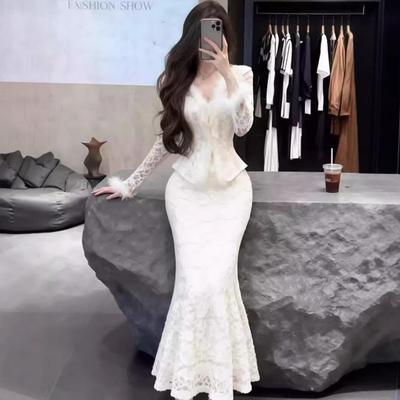 Elegant Gold Lace Mermaid Set: Waist-Cinched Top & Skirt for Special Occasions - Spring 2026 Arrival