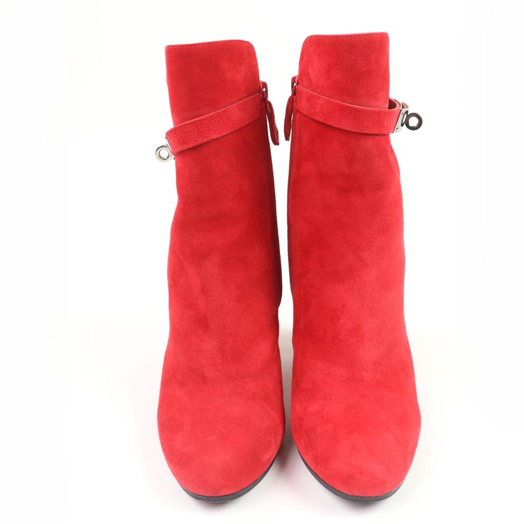 Hermes Short Boots JOUEUSE Kelly Metal Suede Leather Red Suede Leather 37.5 Used