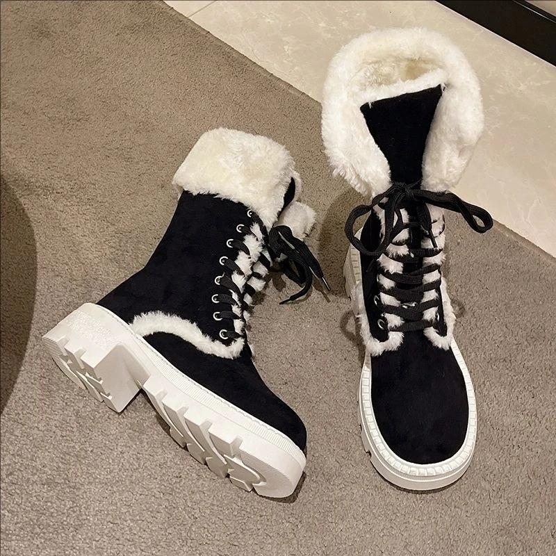 Fashion Shoes for Women Lace Up Women's Boots Winter Round Toe Plush Fleece for Warmth Middle Barrel Fashion Boots