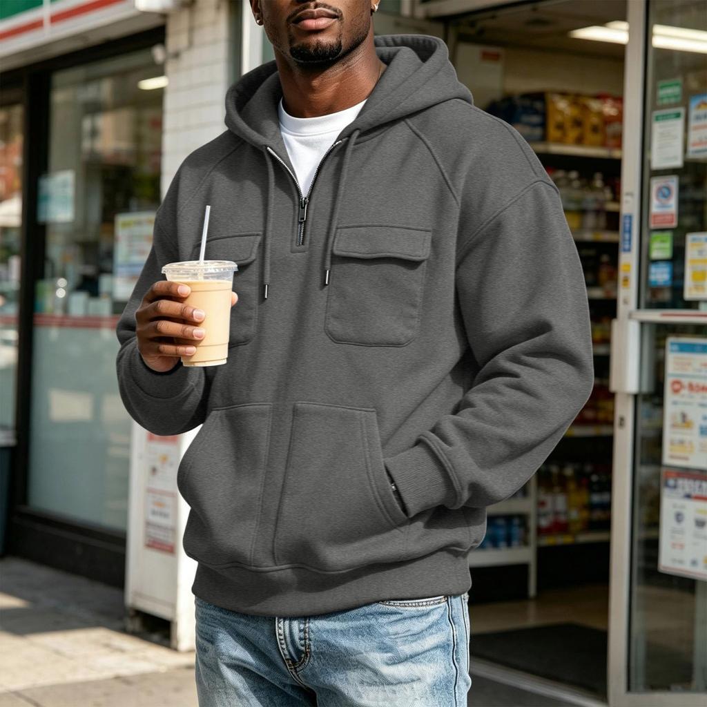 Men's Hooded Jacket with Multiple Pockets Casual Athletic Raglan Sleeve Outerwear