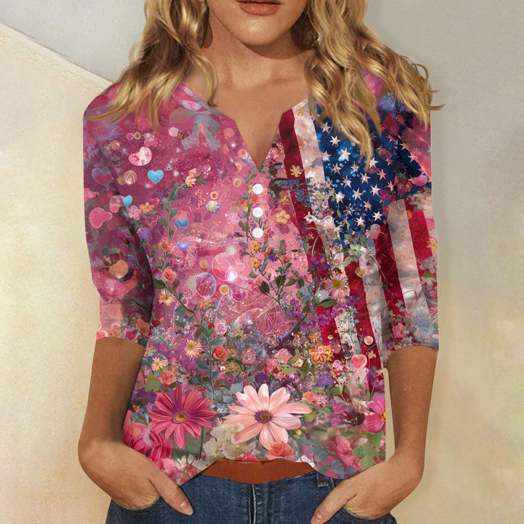 Women's T Shirt Independence Day Print Button 3/4 Sleeve Daily Weekend Fashion Basic V- Neck Regular Top