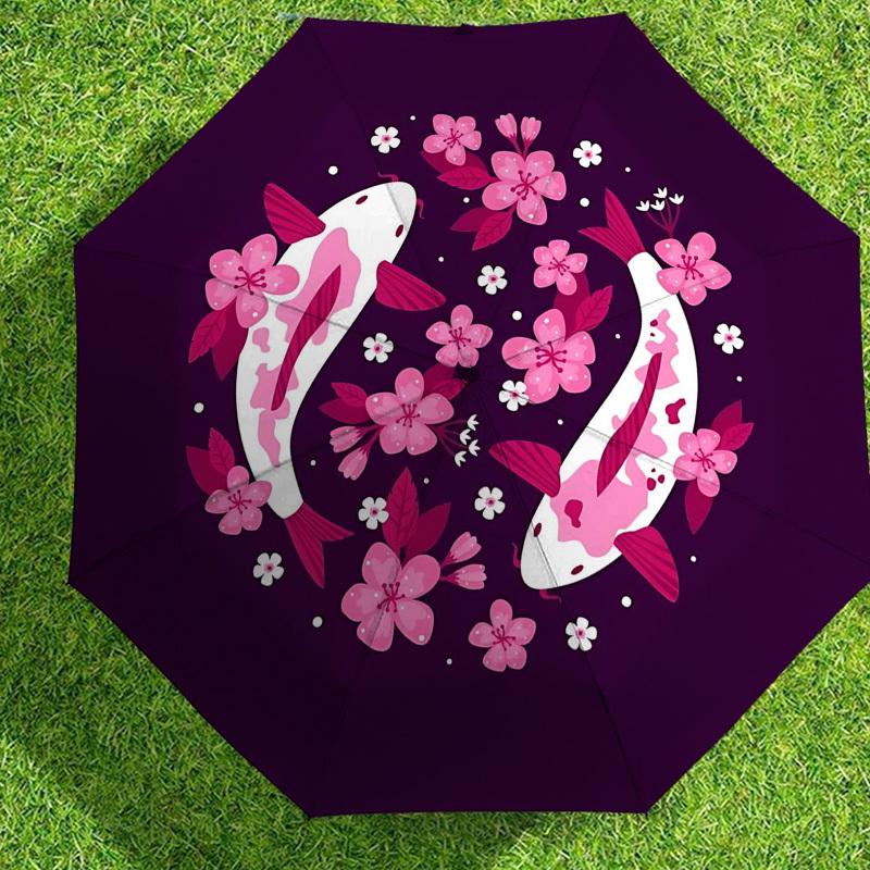 1pc Koi Fish Cherry Blossoms Automatic Folding Umbrella 8 Rib Iron Frame,  Suitable for Travel, Daily Use, Birthday, Women & Men Gift c1231024