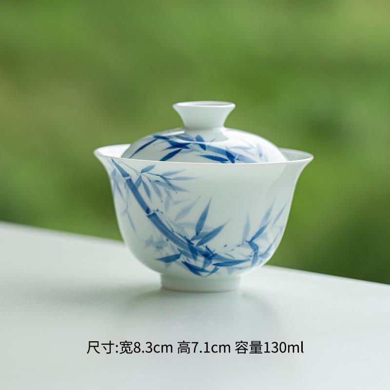 

130ml Hand-painted Bamboo Blue And White Gaiwan Antique Tea Tureen Tea Bowl With Lid Kit Tea Maker Cover Bowl Teaset Ornaments