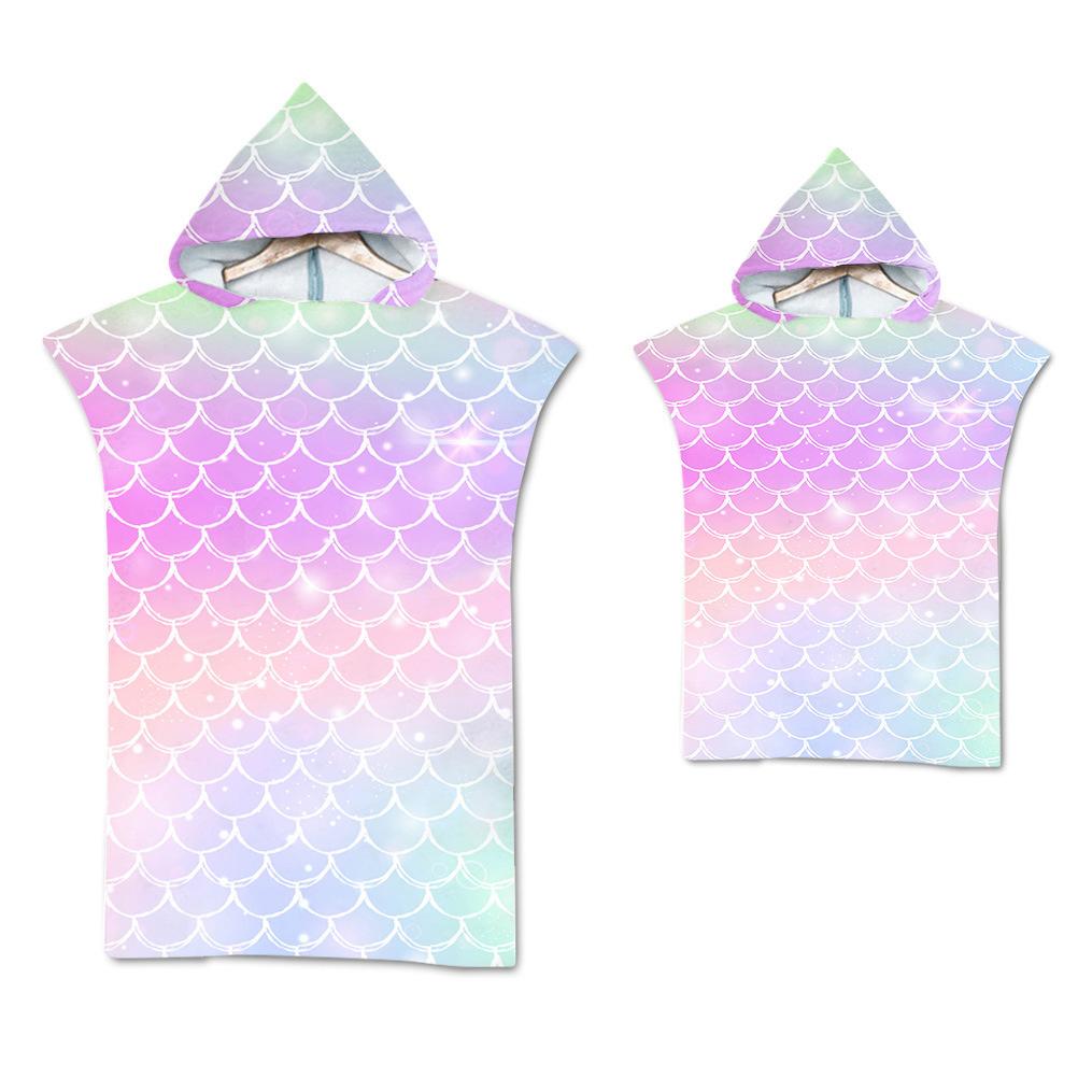 Rainbow Scale Microfiber Beach Towel Quick Dry Hooded Cloak Wetsuit Towels Adult Kids Parent-Child Poncho Bathrobe for Swim Surf
