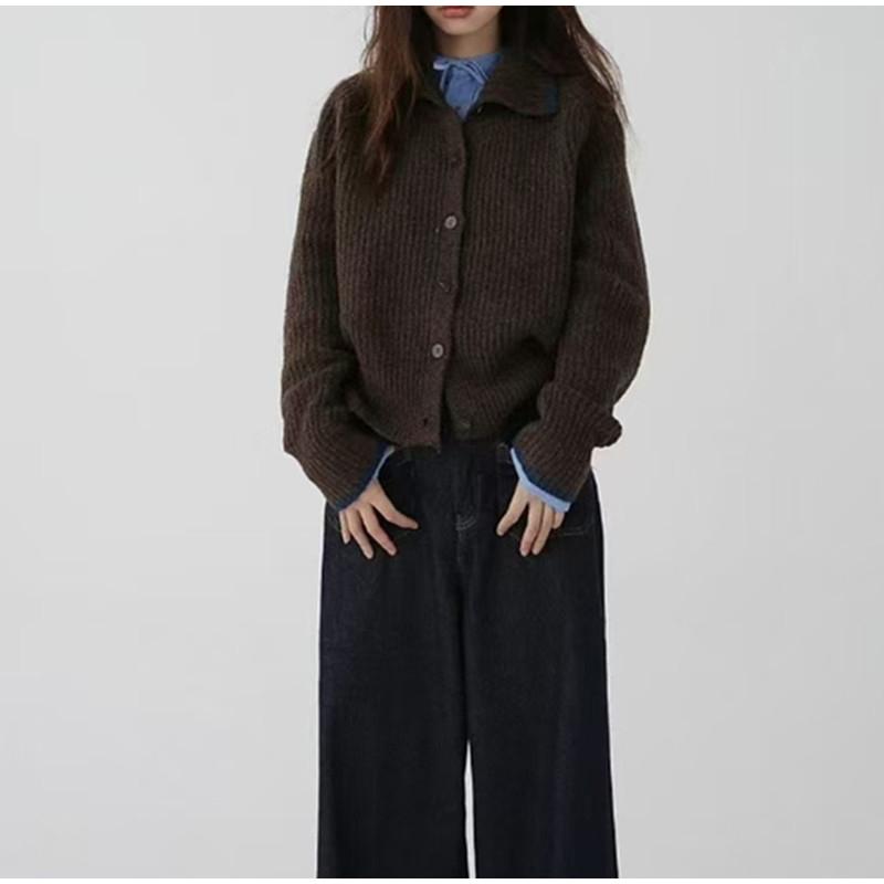 Contrast Knitted Cardigan Women Elegant Stand Collar Thicken Long Sleeve Single Breasted Lady Jumper 2025 Spring New Knitwear