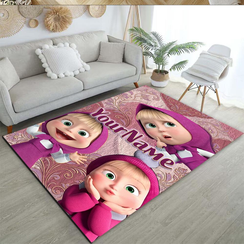 Masha Bear Customizable Name Floor Mat Design for Hallway Playrooms Entryway Outdoor Anti-slip Rug Anime Office Decor Best for Christmas