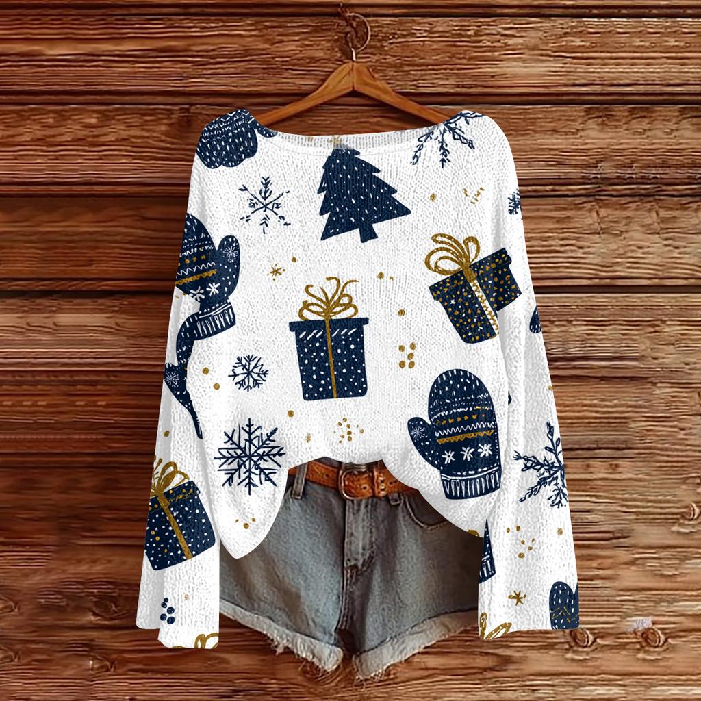 Women's Round Neck Lightweight Sweater Casual Long Sleeve Christmas Print Knit Pullover