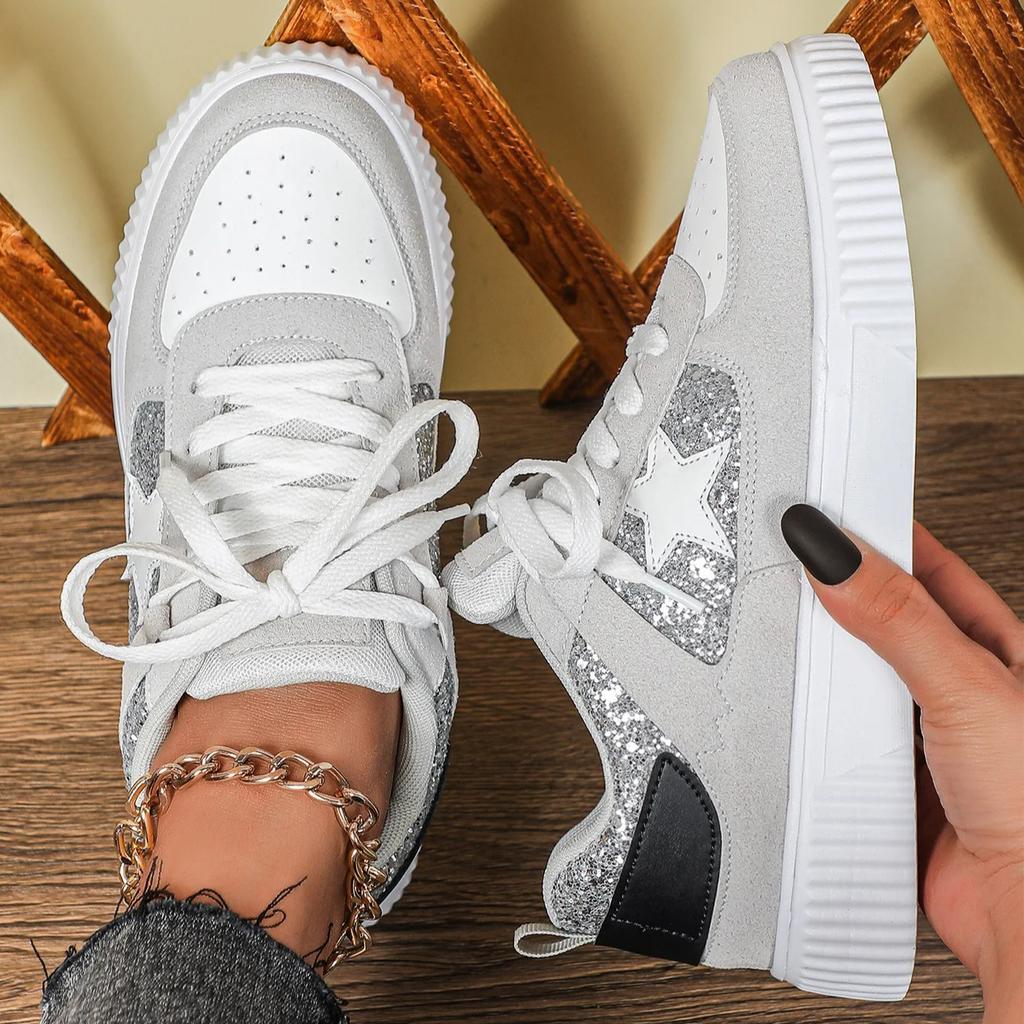 Trendy Women Board Shoes Walking Flats Fashion Sequin Casual Sneakers Daily Versatile Leisure Shoes Breathable Flat Shoes