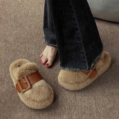 Thick-soled Plush Slippers Women's Autumn and Winter Muffin Half Slippers Cotton Shoes Women