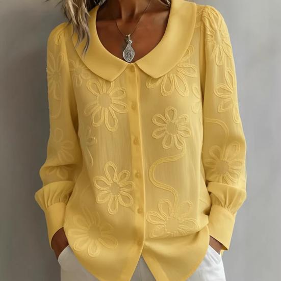 Women Shirt Loose Fit Doll Collar Long Sleeve Buttons Placket Shirt Tops Embroidery Flower Jacquard Pattern Loose Fit Shirt