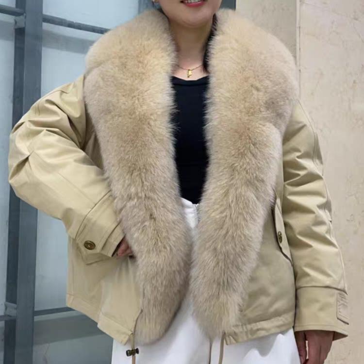 Damen Pelzmantel im Blazer-Stil mit Pelzkragen: Winter Weißer Entenflaum Parka im Biker-Stil