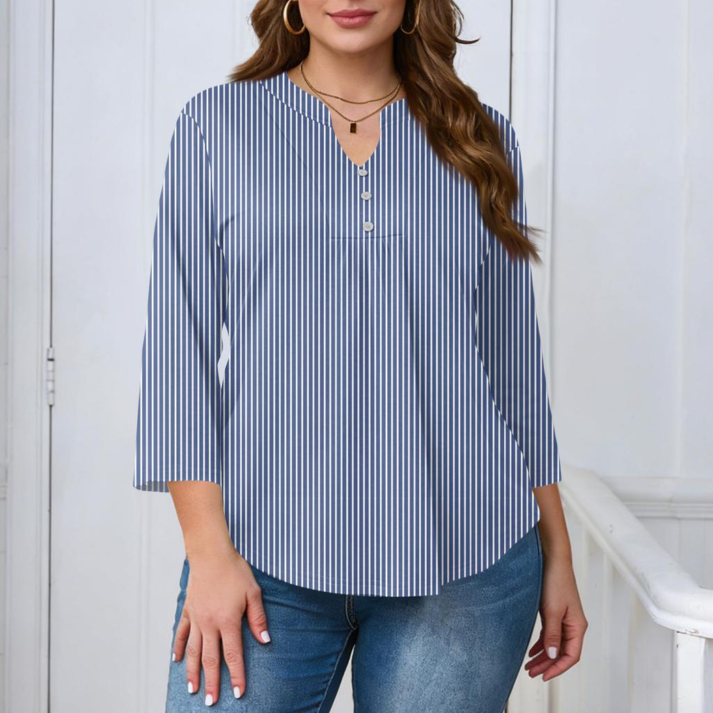 Women's Plus Size Fashionable Casual Loose Fit Three Quarter Sleeve Elegant Button Up V Neck Top