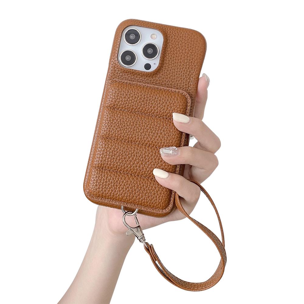 For iPhone 15 Pro Case Card Slots Kickstand PU Leather+PET Phone Cover with Wrist Strap