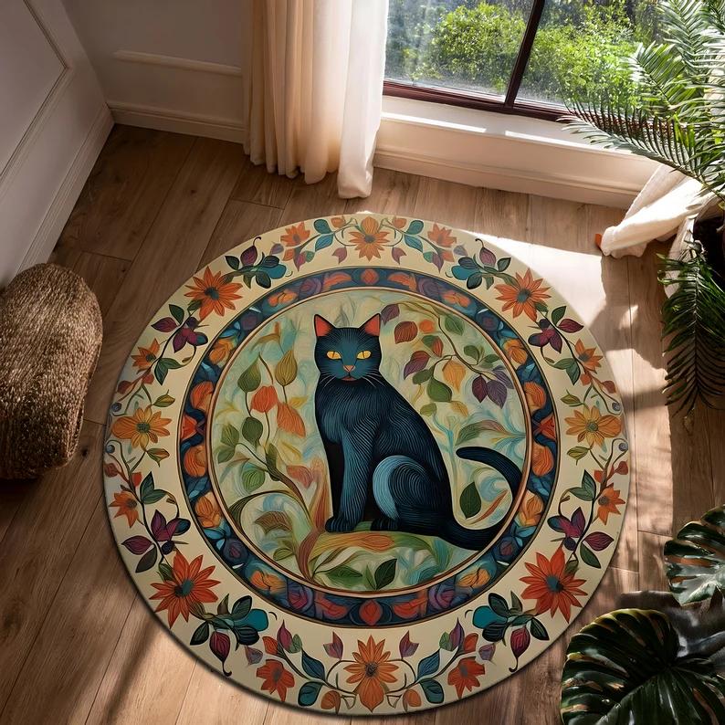 Circular Cat Carpet Vintage Sunflower Flower Pattern Cat Enthusiast Gift Mandala Bohemian Style Living Room Bedroom Rug