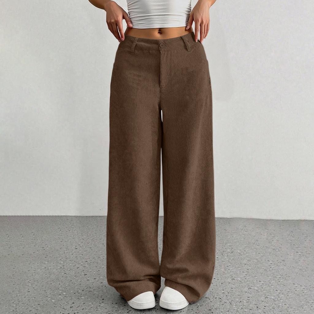 Corduroy Pants For Women Casual Elastic Waist Straight Leg Pants Loose Comfy Trousers With Pockets