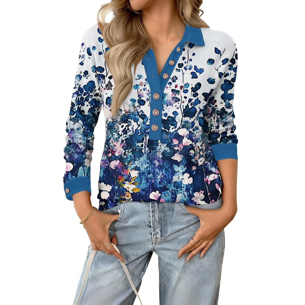 Damen lockeres V-Ausschnitt langärmeliges Knopfleisten-Blumen-Pullover-Oberteil