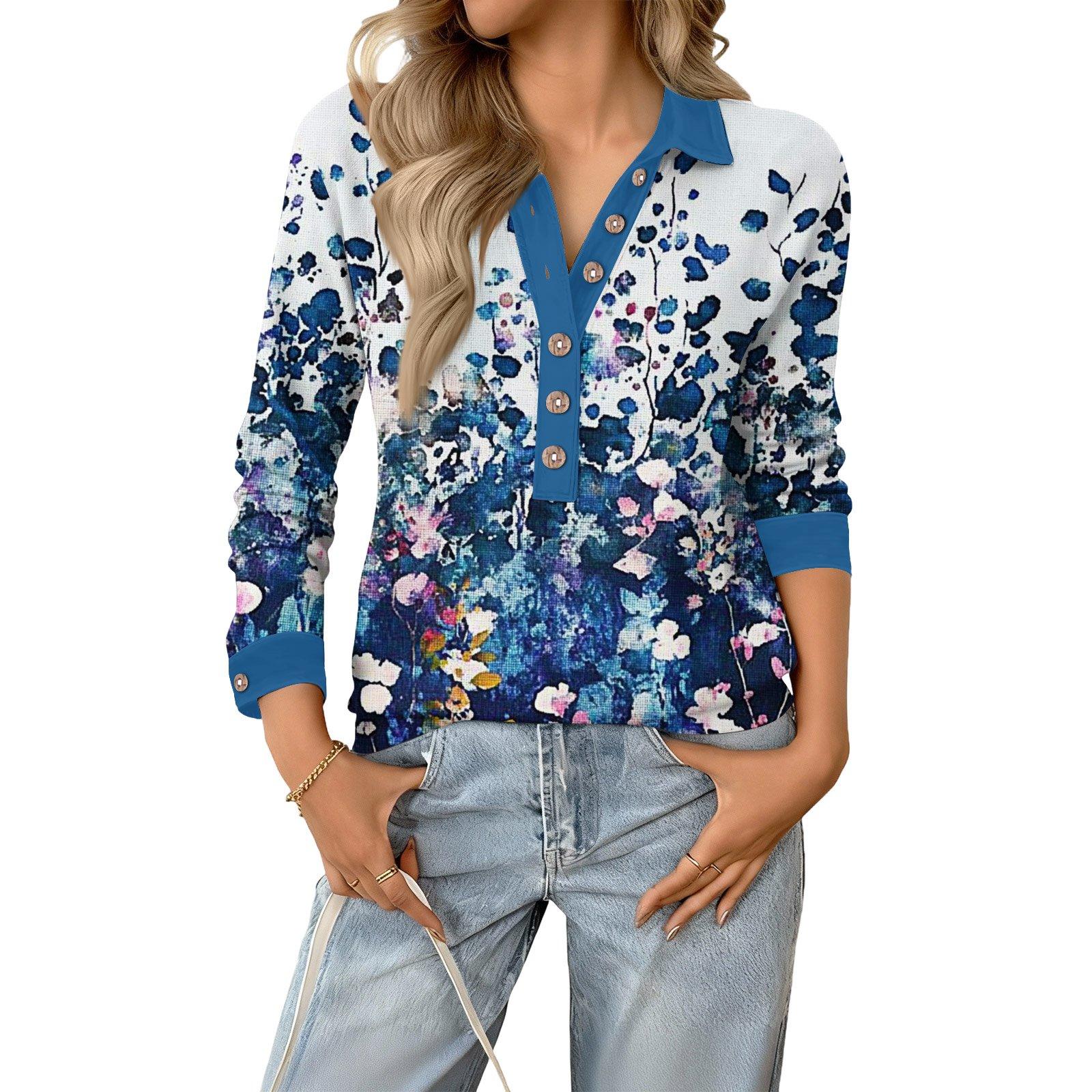 

Women s relaxed V,neck long,sleeved button,down floral pullover top XXL синій