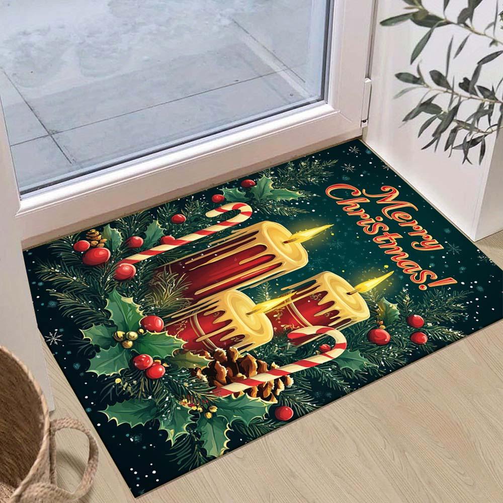 

1pc Christmas Themed Rug, Merry Christmas Candles and Candies Print, Bedside Carpet, Non slip Laundry Room Mat, Machine Washable Water Absor 60cm by 90cm