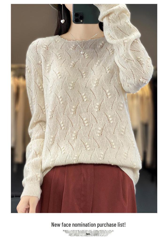2023 Early Autumn Women's Round Neck Solid Loose Knit Hollow Wool Sweater Top