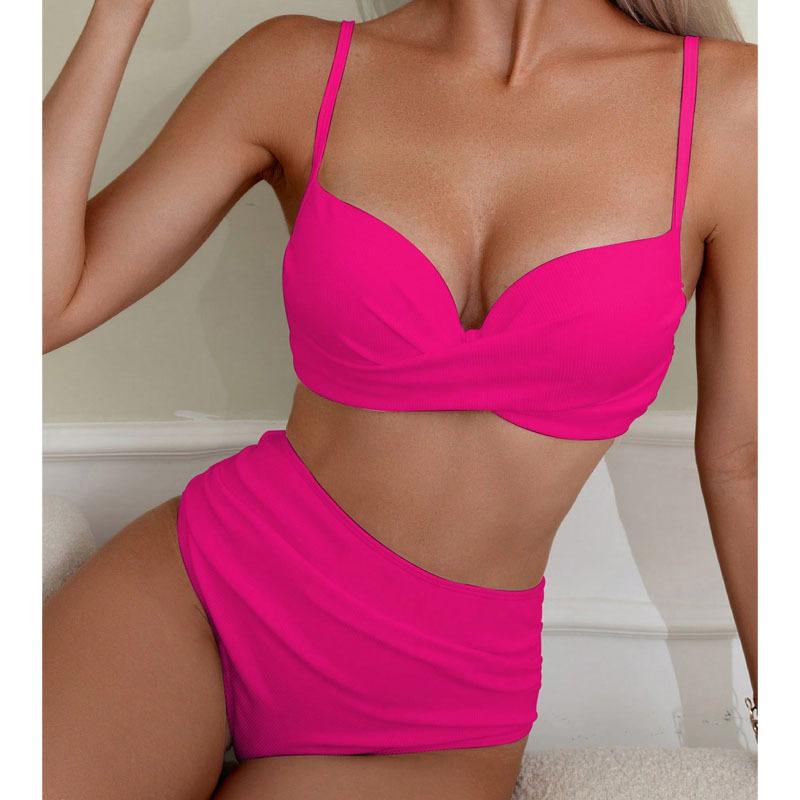 Cikini V-Ausschnitt Dünne Träger Bikini Set, Verdreht Hoher Bund Zweiteiliger Badeanzug Badebekleidung Strand Outfit Sommerurlaub