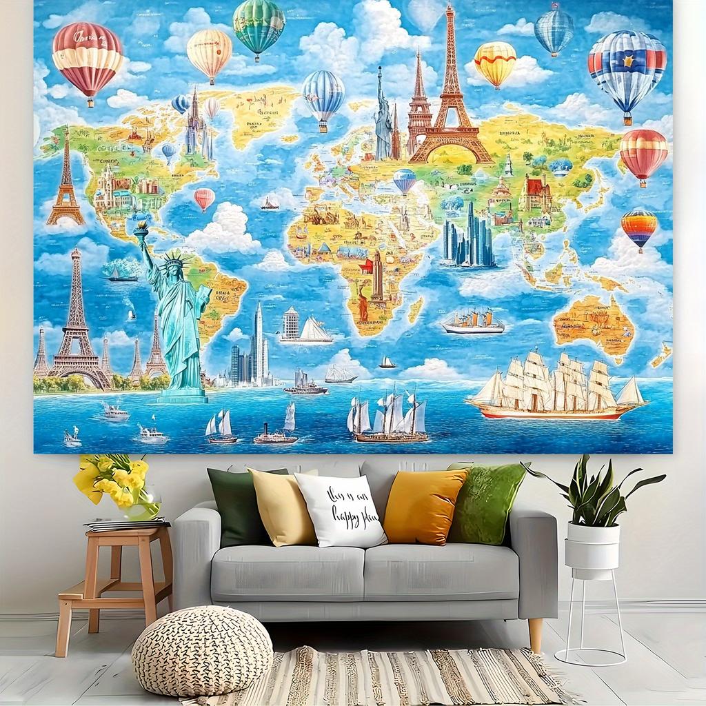 One world map hot air balloon famous landmark travel-themed background fabric. Hang a banner to decorate the photography studio.
