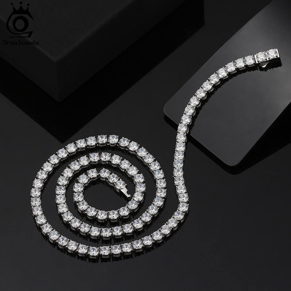 ORSA JEWELS Luxury 925 Sterling Silver 3/4mm Tennis Chain Necklace for Women Fashion Round Cubic Zirconia Necklace Jewelry SC74