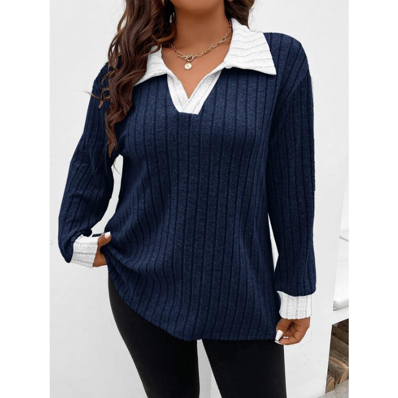Plus Size Women S Long Sleeve V Neck Solid Knit T Shirt Loose Fit