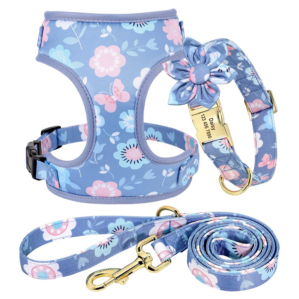 

3pcs/4pcs Personalized Dog Collar Harness Leash Treats Bag Floral Pet Engraved Collar Breathable Harness For Small Large Dogs XS