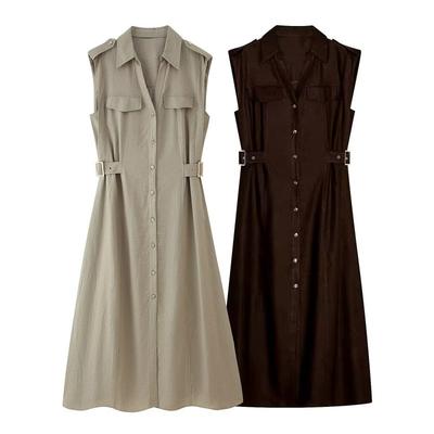 Rochie de vară europeană americană pentru femei, subțire în talie, din in, fără mâneci