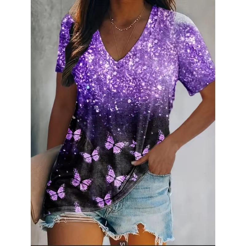 

Женская летняя футболка с принтом бабочек, свободная женская трендовая одежда, модная женская рубашка, футболки с V-образным вырезом 6XL