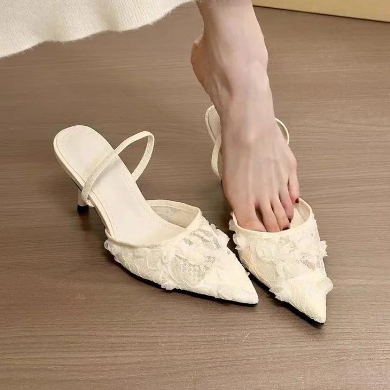 White Women Wedding Pumps Mesh Embroidered Flowers Back Strap Sexy Slingback High Heel Dress Shoes for Ladies