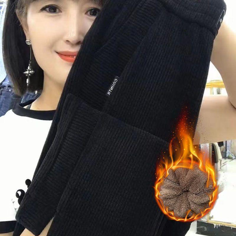 Dámské kalhoty s vysokým pasem, fleecovou podšívkou a rovnými nohavicemi, podzimní/zimní móda, zesílené pro teplo, zeštíhlující, volný ležérní střih