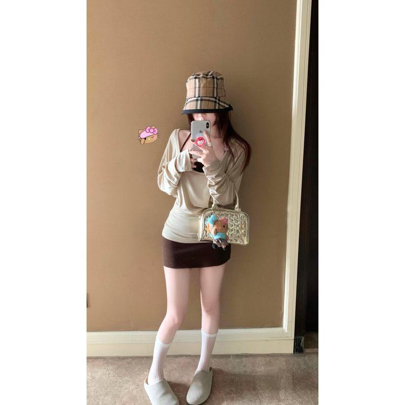 Kumikumi Idle Style Coffee Color Long sleeves Shirt Inner wear Hanging Neck Sling Women Autumn Slimming Skirt Three-Piece Set