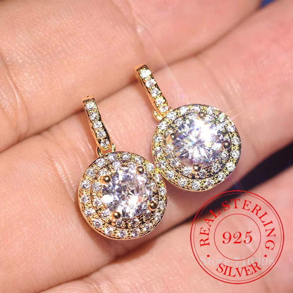 925 Sterling Silver Cubic zirconia Round Stud Earrings For Women Grils Bridal Earring Female pendientes mujer moda