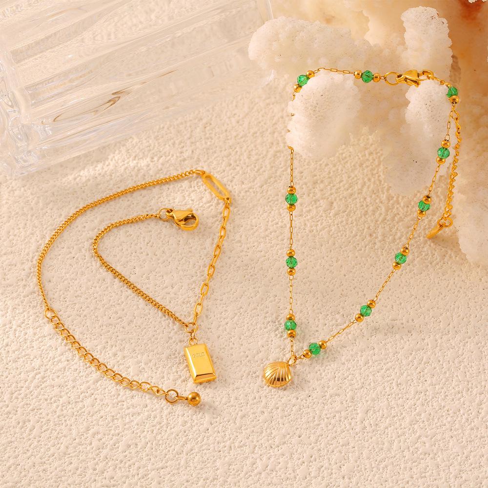 

Retro French Green Beaded Gold-Plated Titanium Anklet with Shell Pendant