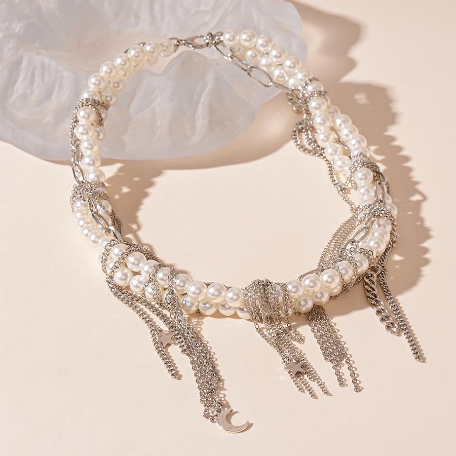 Personalized moon star chain tassel multi-layer imitation pearl necklace exaggerated temperament necklace