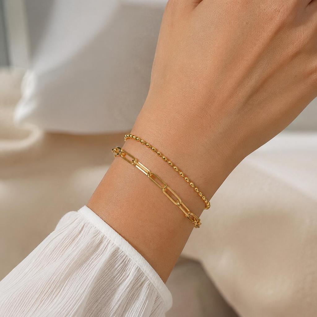 316L Stainless Steel Bracelet 2PCS, Golden Layered Chain Adjustable Stackable Jewelry, Women Summer Vacation Gift