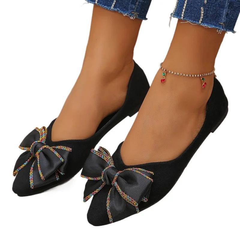 Fashion 2025 Summer New Women's Bow Tie Flat Shoes Soft Sole Pointed Toe Slip-On Flats for Women Outdoor Daily Plus Size Casual Shoes