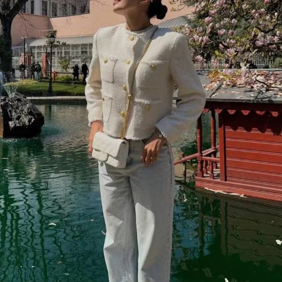 Jachete Blazer Tweed Crop pentru Femei Mânecă Lungă cu Nasturi Palton Scurt