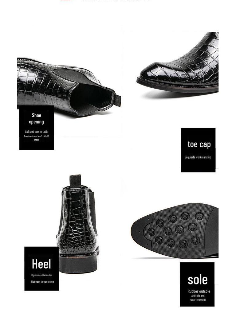 Men's Pointed Toe Chelsea Boots – Vintage Crocodile Pattern, Genuine Leather Slip-On Ankle Boots, Mid-Top British Style.