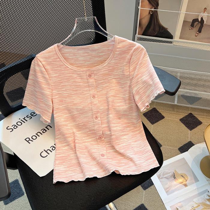 

No price reduction #short-sleeved t-shirt women s summer women s clothing front shoulder slim-fitting versatile top sweet design S розовый