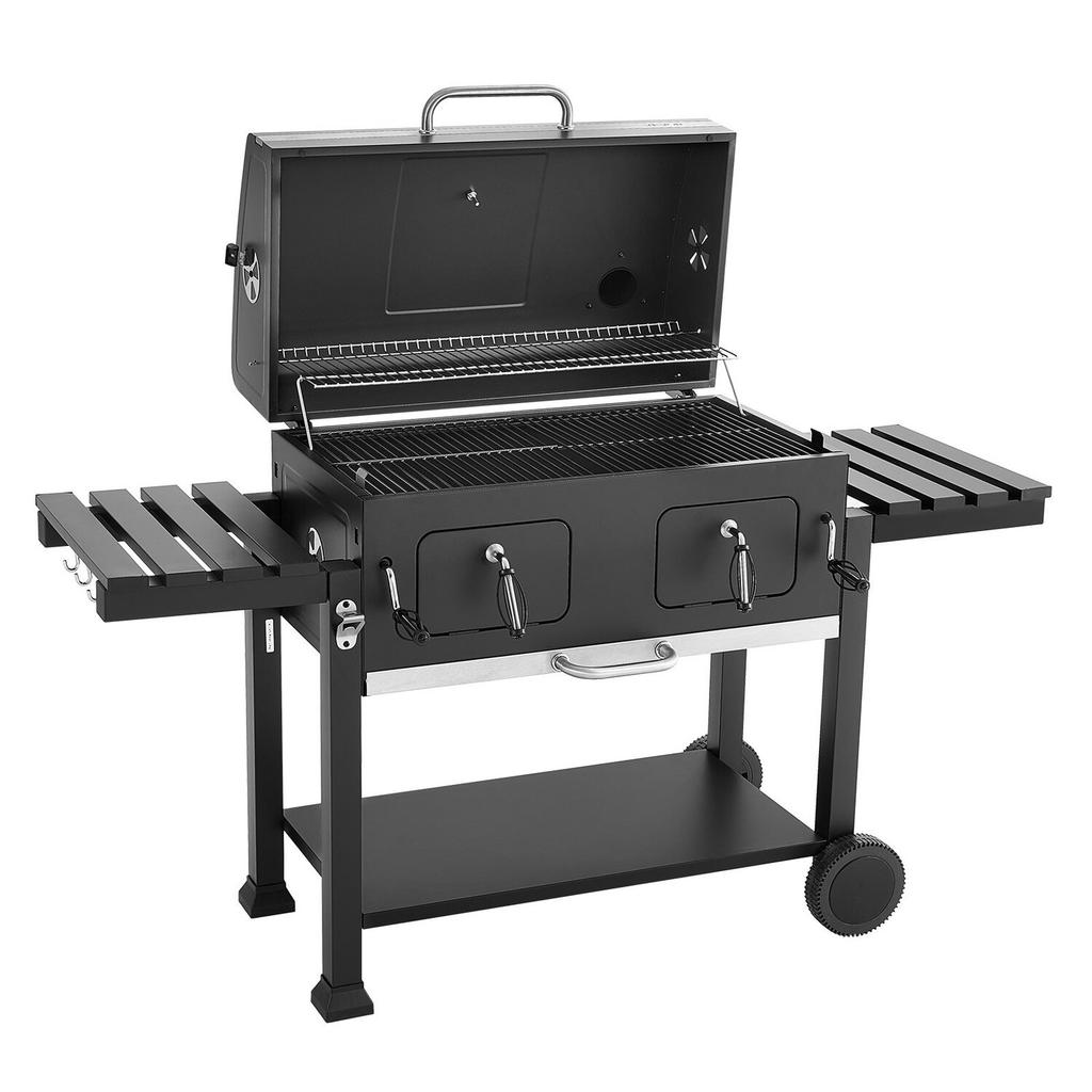 Charcoal Grill, 0.5 m² Large Charcoal Barbecue Grill with 2 Liftable Charcoal Trays & Folding Side Tables, High-Temp Powder-Coated Steel BBQ Cooking