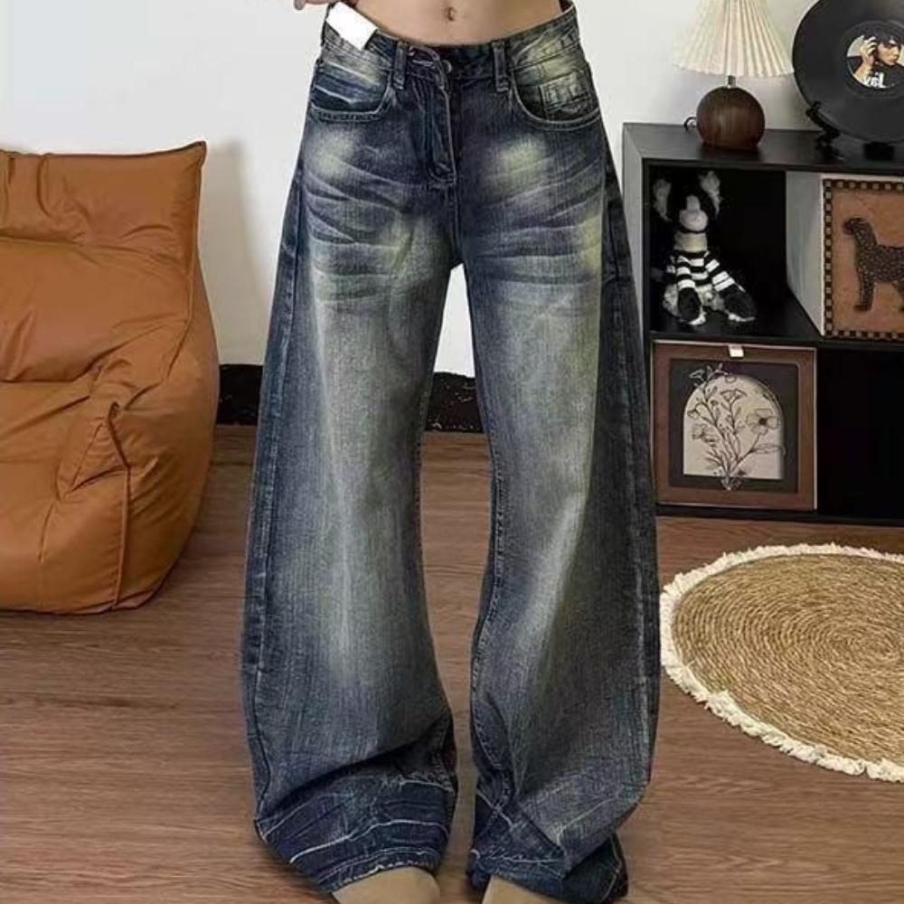 women s Vintage Washed Low Waist Wide Leg Jeans Casual Loose Straight Denim Pants S