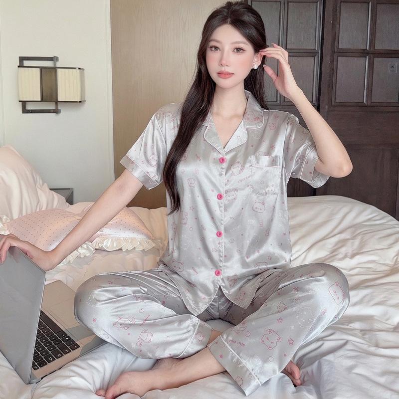 Ice Silk Pajamas Women S Short-Sleeved Trousers Summer Silk Cute Kitten Jacquard Student Loungewear Set M