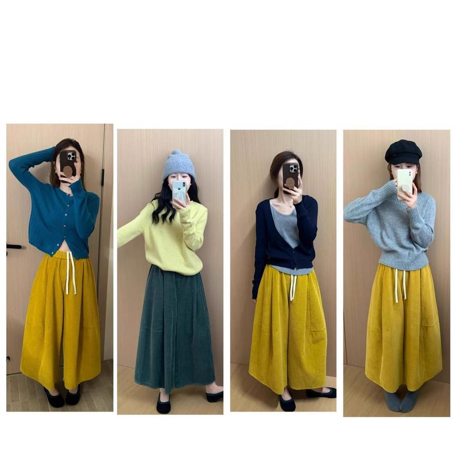 Autumn Winter Korean Style Fleece-Lined Warm Loose Fit Slimming Casual Pants for Women Wide Leg Corduroy